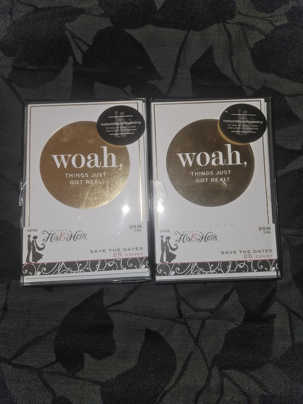 His & Hers Gold "Woah, Things Just Got Real!" Save the Dates